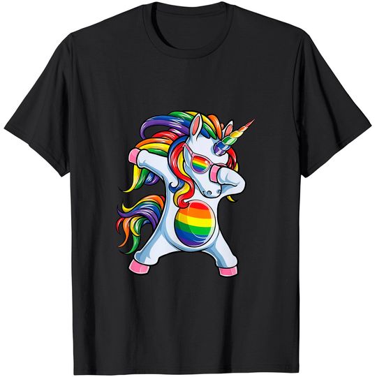 Dabbing Unicorn Gay Pride LGBT T shirt Lesbian Rainbow Flag T-Shirt