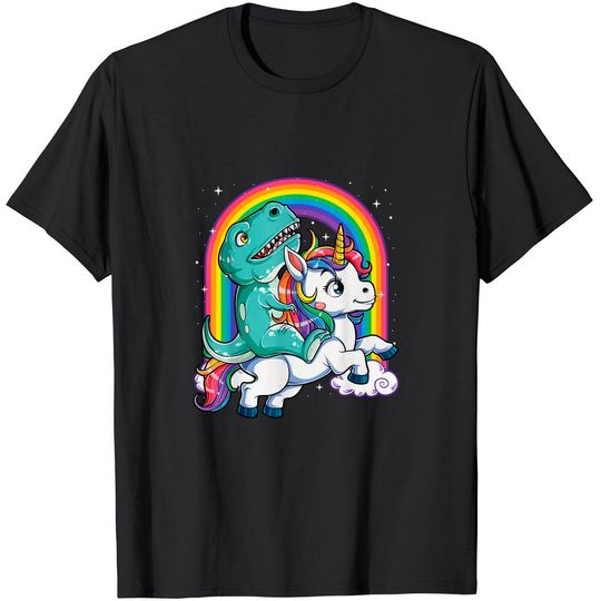 Dinosaur Riding Unicorn T Shirt Kids Men Rainbow Gifts T rex