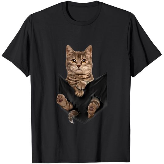 Brown Cat Sits in Pocket T-Shirt Cats Tee Shirt Gifts