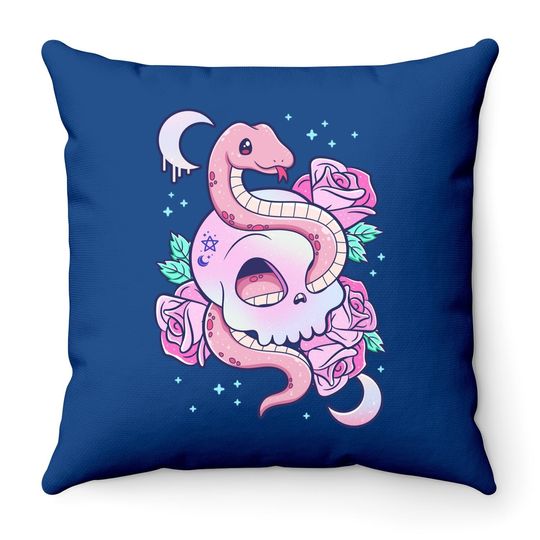Kawaii Pastel Goth Creepy Skull Serpent Snake Roses Throw Pillow