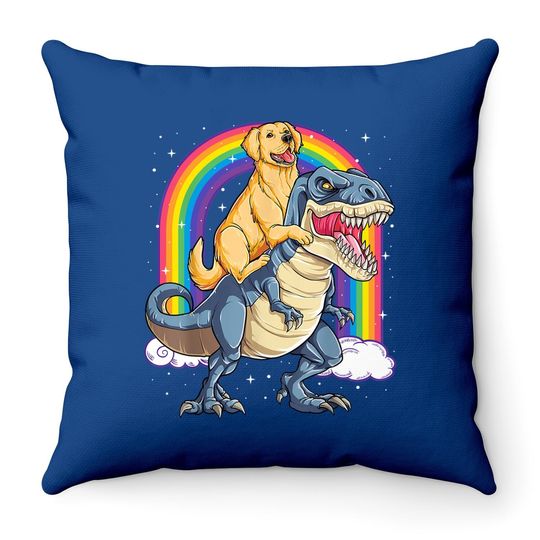 Golden Retriever Riding Dinosaur Throw Pillow