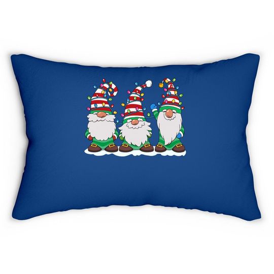 Three Gnomes With Hats Beards Christmas Tree Lights Lumbar Pillow