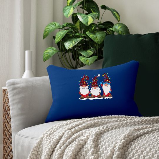 Three Gnomes Red Plaid Hat Gnome Christmas Tree Lights Lumbar Pillow