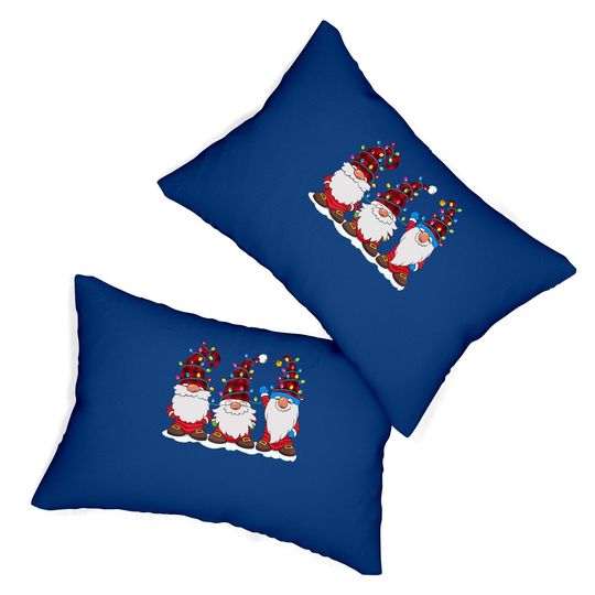 Three Gnomes Red Plaid Hat Gnome Christmas Tree Lights Lumbar Pillow