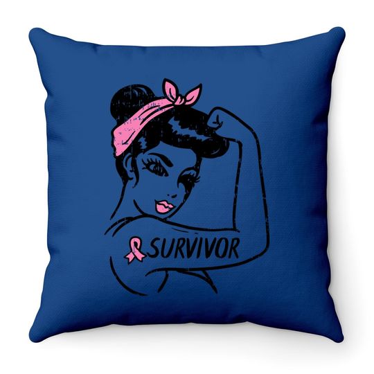 Breast Cancer Survivor Rosie Riveter Pink Awareness Throw Pillow