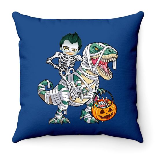 Skeleton Riding Mummy Dinosaur T-rex Halloween Joker Throw Pillow