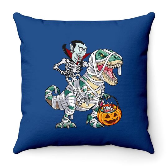 Skeleton Riding Mummy Dinosaur T-rex Halloween Dracula Throw Pillow
