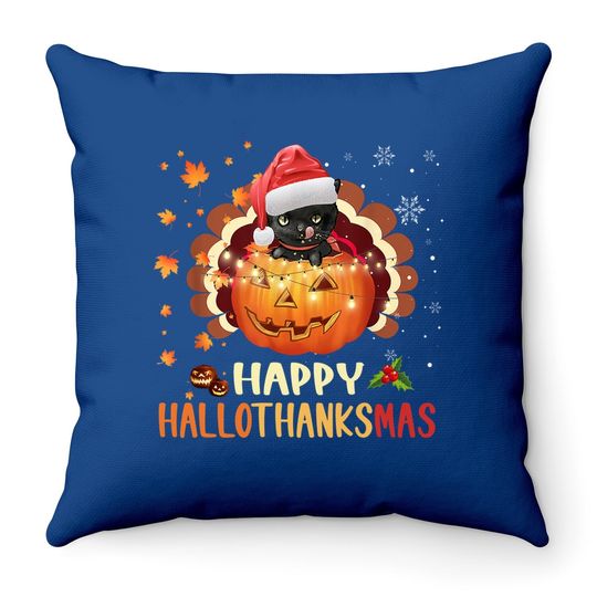 Black Cat Happy Hallothanksmas Halloween Thanksgiving Xmas Throw Pillow