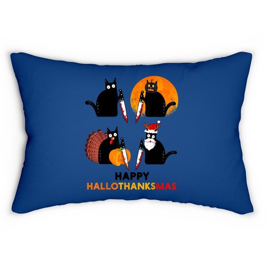 Happy Hallothanksmas Black Cat Halloween Thanksgiving Lumbar Pillow