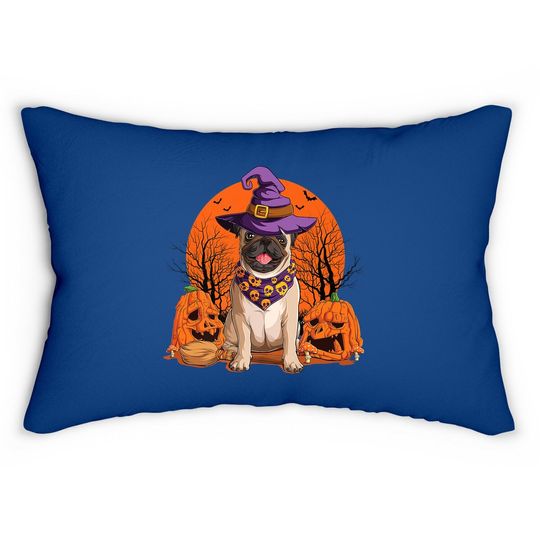 Halloween Pug Dog Witch Hat Pumpkin Moon Lumbar Pillow