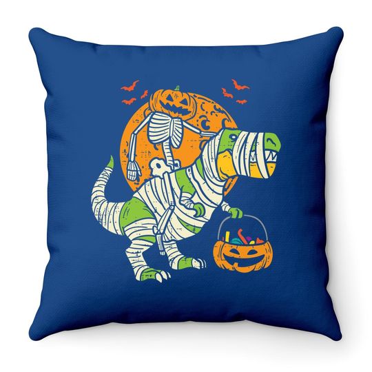 Pumpkin Skeleton On Trex Funny Halloween Dinosaur Throw Pillow