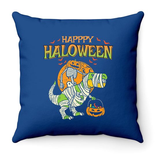 Trick Rawr Treat Pumpkin Skeleton On Trex Funny Halloween Dinosaur Throw Pillow