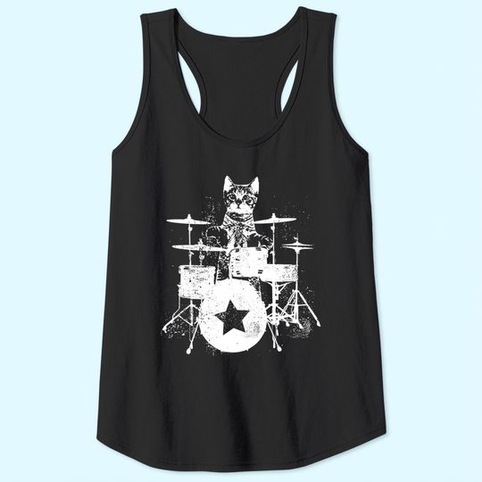 Drummer Punk Rockstar Kitten Kitty Cat Drummer Playing Drums Tank Tops