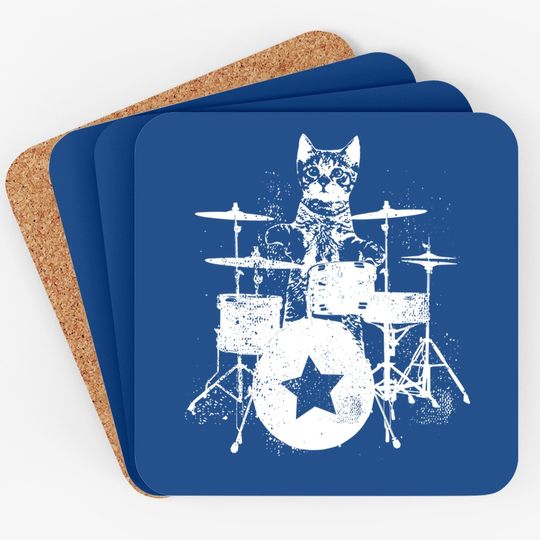 Drummer Punk Rockstar Kitten Kitty Cat Drummer Playing Drums Coasters