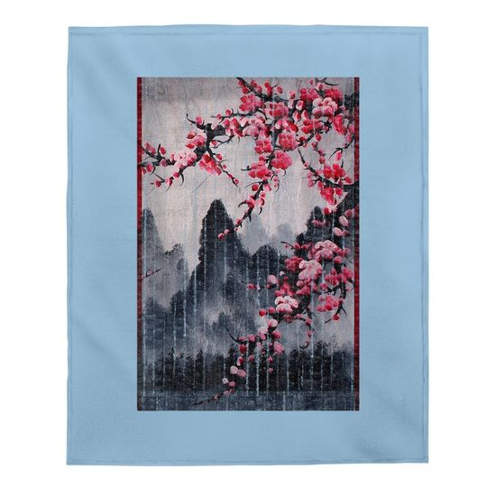 Vintage Cherry Blossom Woodblock Baby Blanket Japanese Graphical Art Baby Blanket