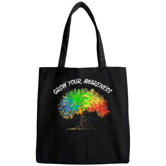Autism Awareness Rainbow Tree Grow Your Awareness Hand Drawn Tote Bag