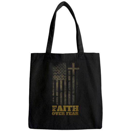 Faith Over Fears Christian Cross American USA Flag Gym Tote Bag