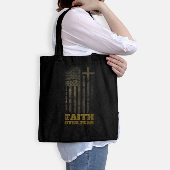 Faith Over Fears Christian Cross American USA Flag Gym Tote Bag