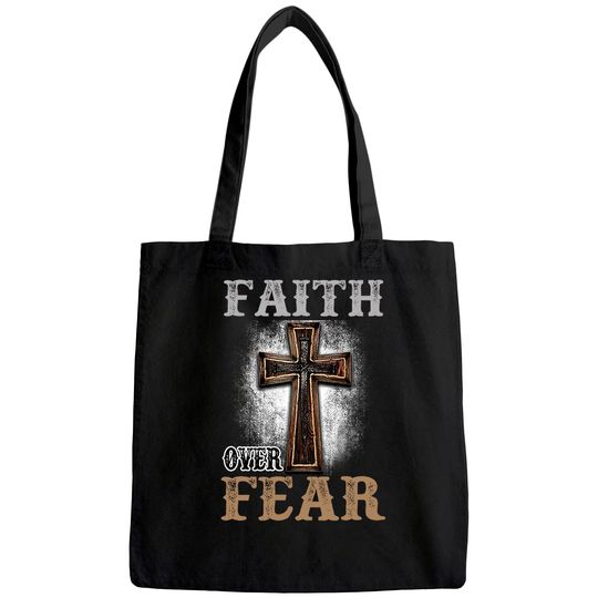 Faith Over Fear Wood Cross Religion Tote Bag Men Adult Unisex Tote Bag