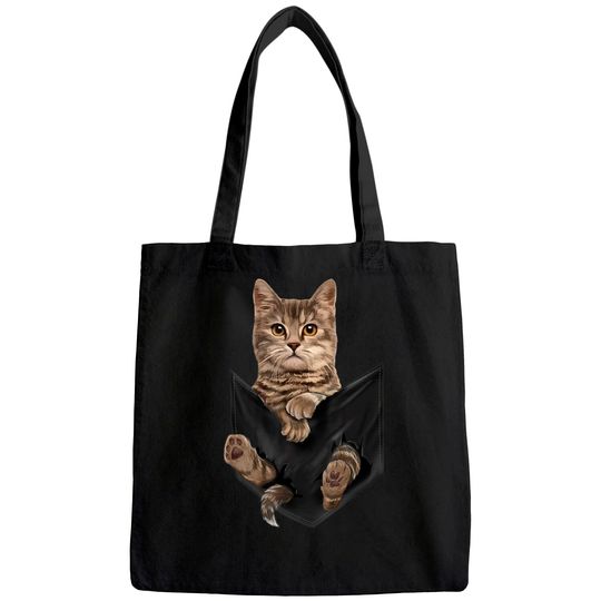 Brown Cat Sits in Pocket Tote Bag Cats Tee Tote Bag Gifts