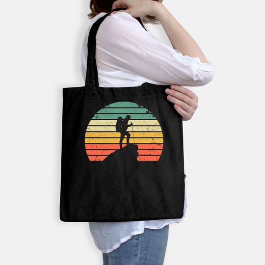 Vintage Hiking Tote Bag Hiker on Rock Retro Sunset Silhouette Tote Bag