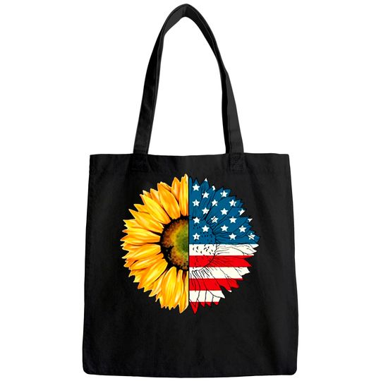 HoneyGod 4Th July American Patriotic Flower Tote Bag Sunflower American Flag Tote Bag Graphic Crew Neck Short Sleeve Tees