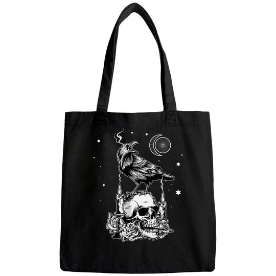 Black Crow Raven Skull Tarot Card Occult Aesthetic Gothic Tote Bag