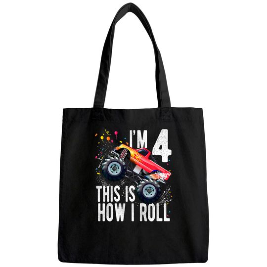 Kids 4 Year Old Tote Bag 4th Birthday Boy Monster Truck Car Tote Bag