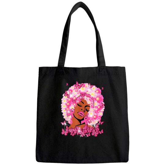 Breast Cancer Awareness Pink Ribbon Black Women Floral Hair Tote Bag