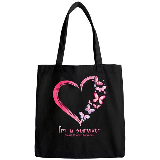 Pink Butterfly Heart I'm A Survivor Breast Cancer Awareness Tote Bag