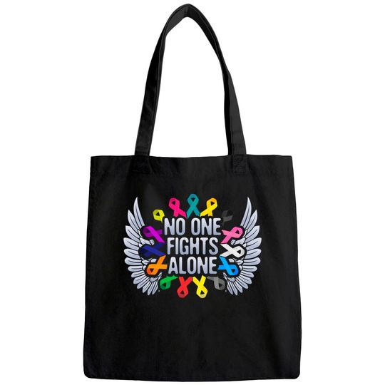 No One Fights Alone Multicolor Ribbon For Cancer Awareness Tote Bag