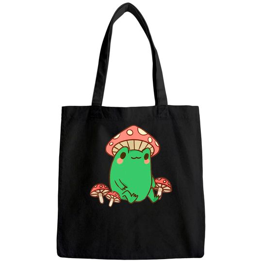Frog with Mushroom Hat Cottagecore Aesthetic Tote Bag