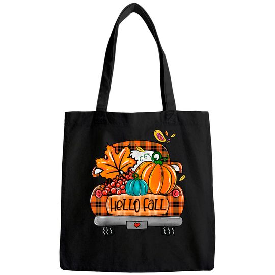Hello Fall Orange Plaid Truck Pumpkin Fall Autumn Tote Bag