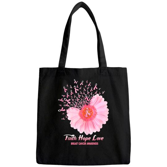 Faith Hope Love Ribbon Daisy Flower Breast Cancer Awareness Tote Bag