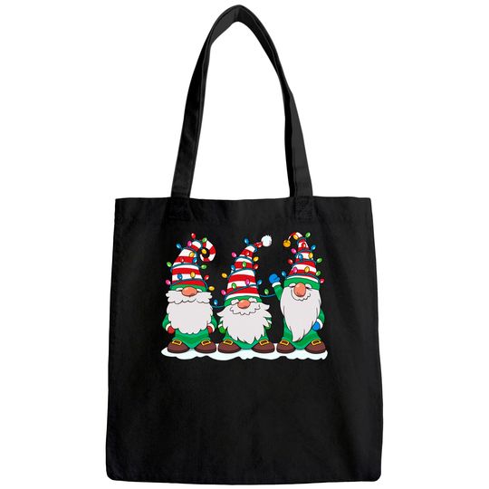 Three Gnomes With Hats Beards Christmas Tree Lights Tote Bag