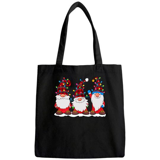 Three Gnomes Red Plaid Hat Gnome Christmas Tree Lights Tote Bag