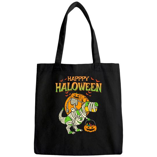 Happy Halloween Kids Pumpkin Skeleton On Trex Funny Halloween Dinosaur Tote Bag