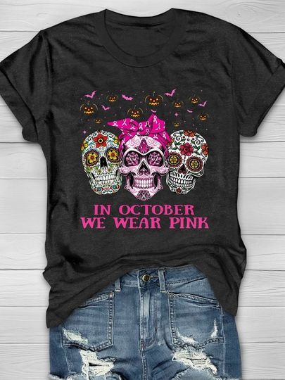 In October We Wear Pink Skeleton Halloween T Shirt