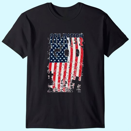 ONE NATION UNDER GOD Christian Cross American Flag T-Shirt