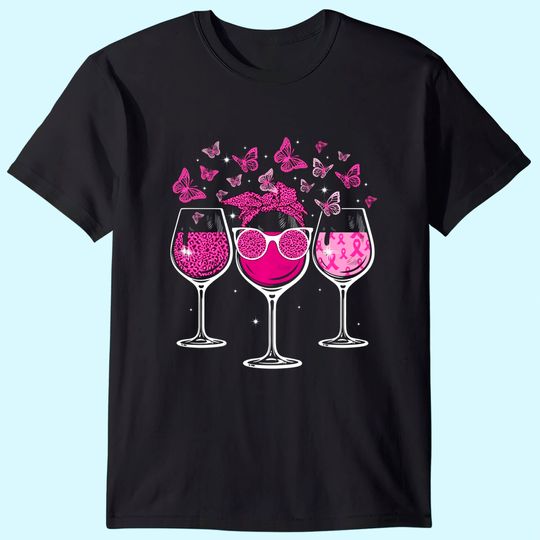 Wine Glass Butterfly Breast Cancer Awareness Pink Ribbon T-Shirt