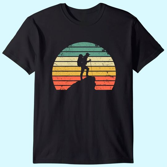 Vintage Hiking T Shirt Hiker on Rock Retro Sunset Silhouette T-Shirt