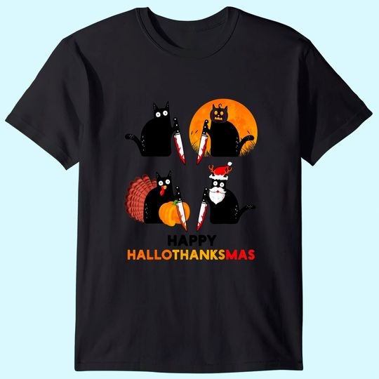 Happy Hallothanksmas Black Cat Halloween Thanksgiving T-Shirt