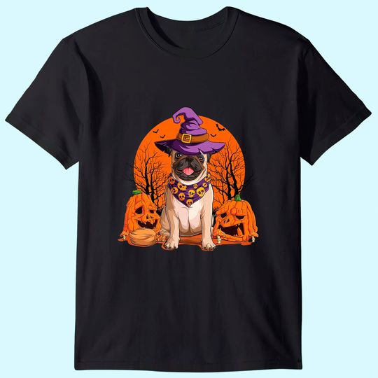 Halloween Pug Dog Witch Hat Pumpkin Moon T-Shirt