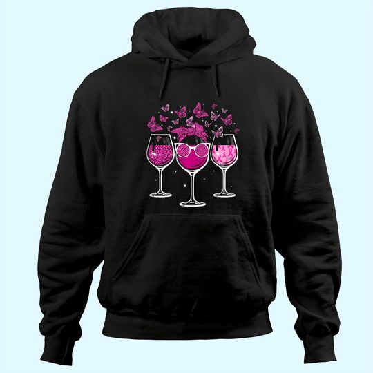 Wine Glass Butterfly Breast Cancer Awareness Pink Ribbon Hoodie