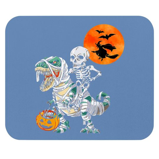 Skeleton Riding T Rex Dinosaur Mummy, Pumpkin Halloween Mouse Pad