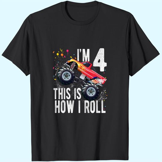 Kids 4 Year Old Shirt 4th Birthday Boy Monster Truck Car T Shirt