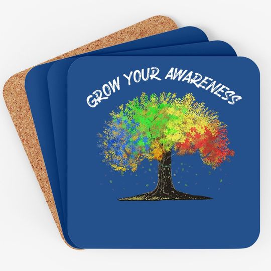 Autism Awareness Rainbow Tree Grow Your Awareness Hand Drawn Coaster