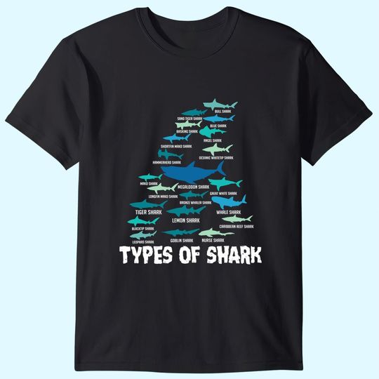 Types of Shark Megalodon Great White Nurse Shark T-Shirt