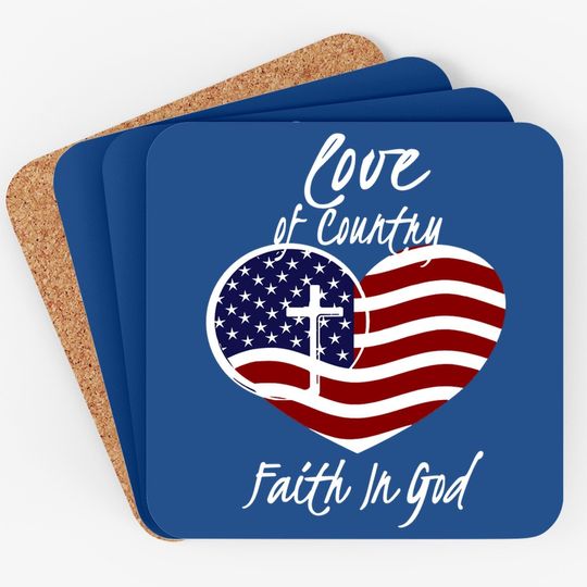 Patriotic Christian Faith In God Heart Cross American Flag Coaster