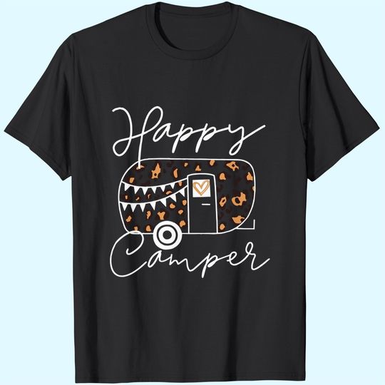 Leopard Truck Happy Camper Shirt for Women Funny Animal Graphic Mountain Camping Tshirt Summer Casual Hiking Trip Tee